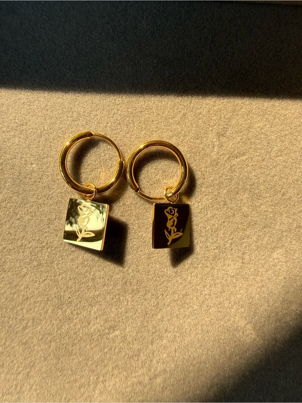 NWT Gold Square Engraved Rose Charm Stainless Steel Hoop Earrings